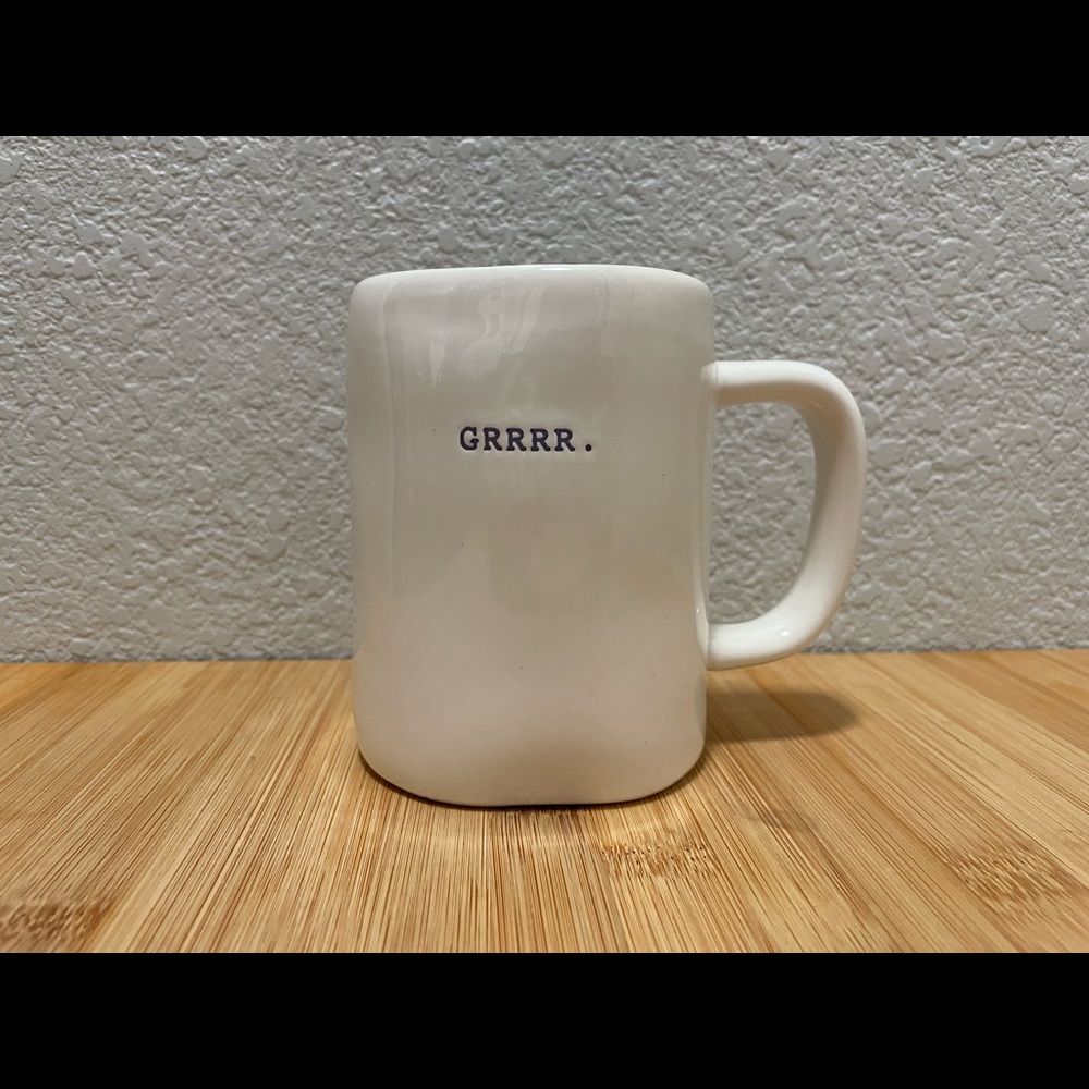 Rae Dunn GRRR. Mug, cream/purple